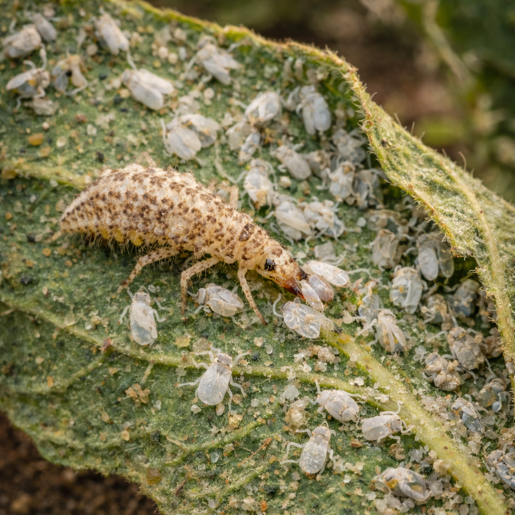 whitefly with lacewing predator