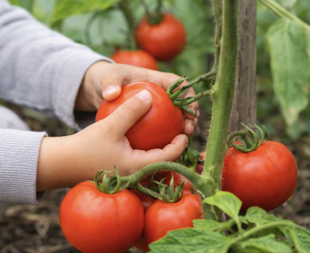 handsl holding tomato and trelised vine in garden