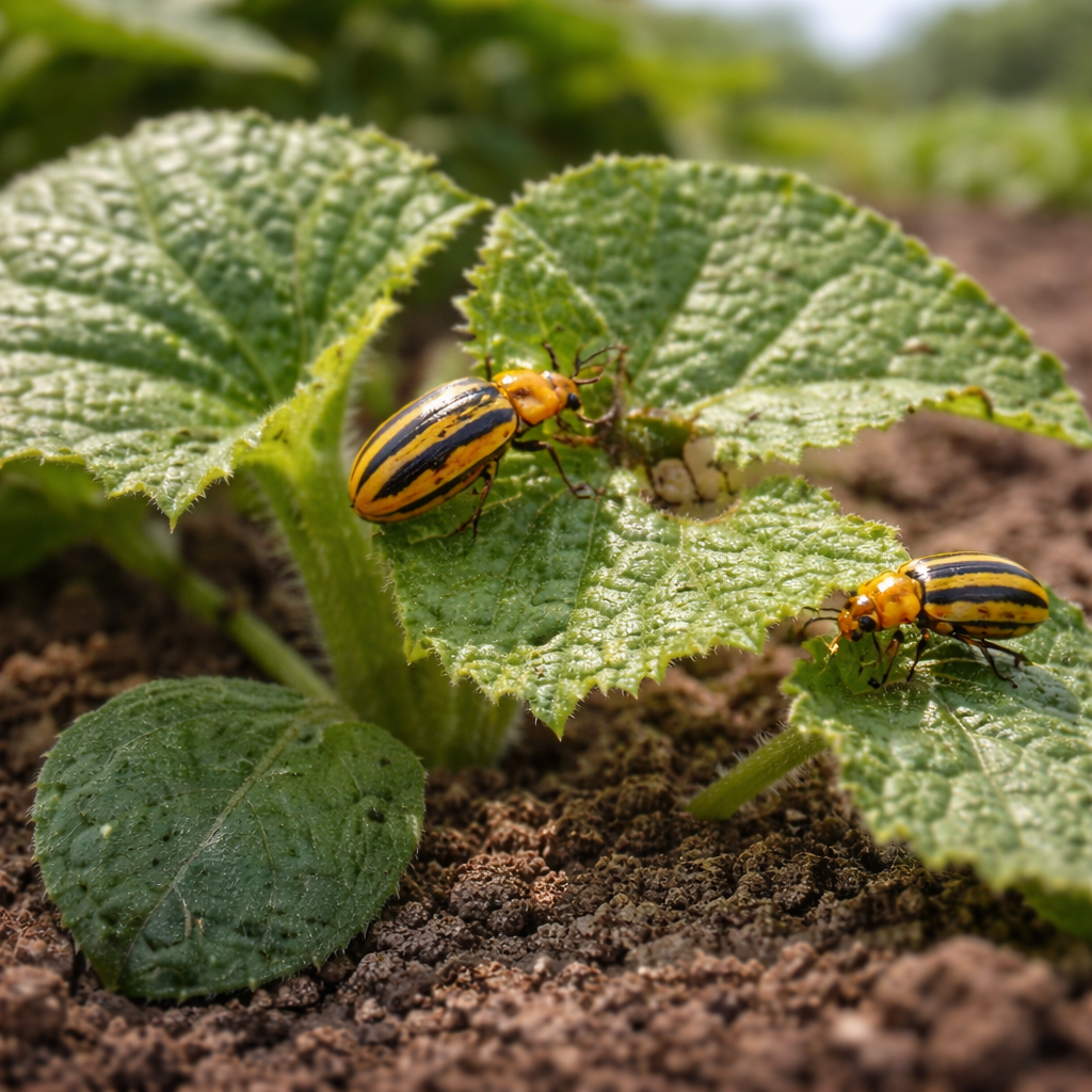 stripped or and black beetles on cucumber leaf seedling
