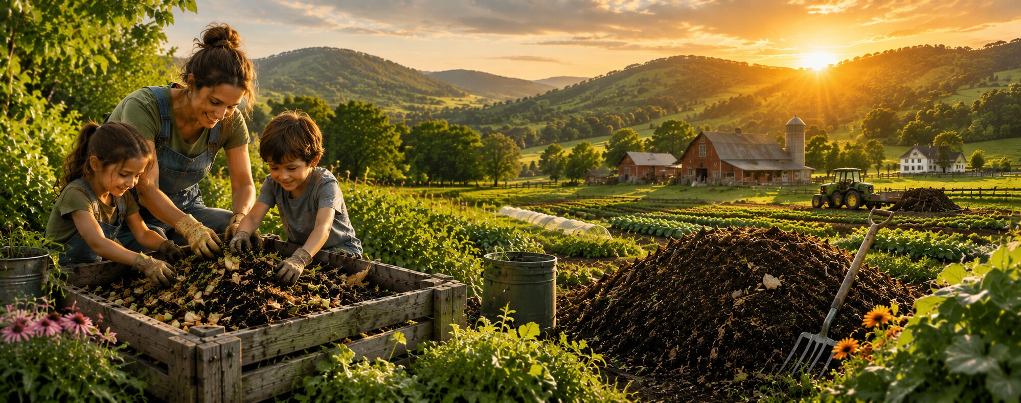 woman and two children fixing compost and farm in background